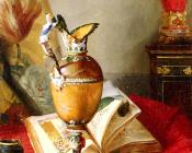布莱斯亚历山大德斯戈夫 - Still Life with Urns And Illuminated Manuscript On A Draped